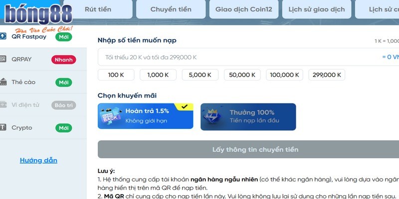 Điều kiện nạp tiền BONG88 thành công